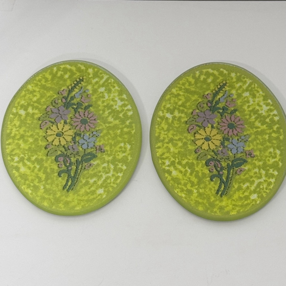 Vintage Tara Glass Green & Floral Trivets Cutting Boards Retro Kitchen Set Of 2 - Picture 2 of 6